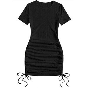 Make Me Chic Black Side Drawstring Bodycon Laser Cut Dress Small 90's Semi Sheer